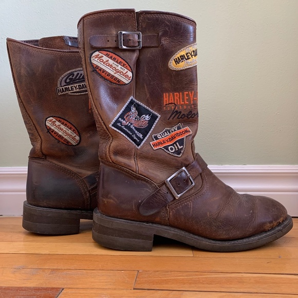 Harley-Davidson Brown Leather Boots with Patches - Picture 1 of 4